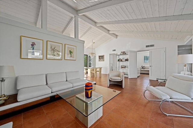 living room featuring high vaulted ceiling, beam ceiling, wooden ceiling, and tile patterned floors