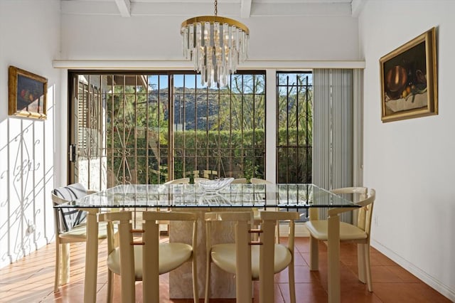 tiled dining space featuring a chandelier and beamed ceiling