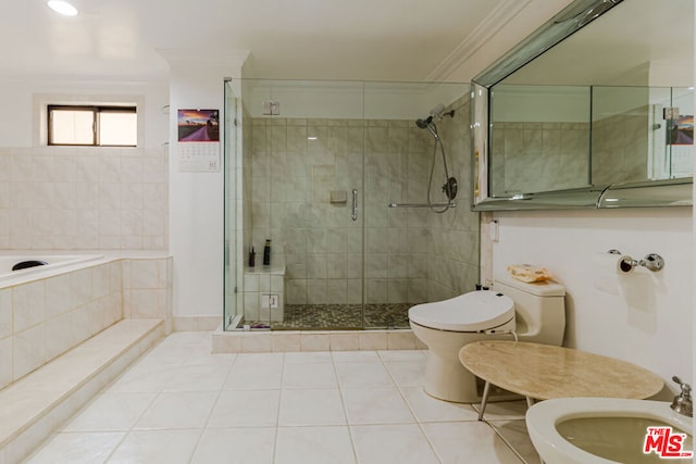 bathroom with crown molding, toilet, a shower with door, and tile patterned flooring