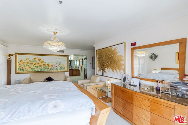 bedroom featuring crown molding, light colored carpet, and a notable chandelier