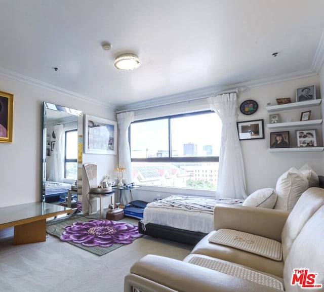 living room with carpet flooring, plenty of natural light, and ornamental molding