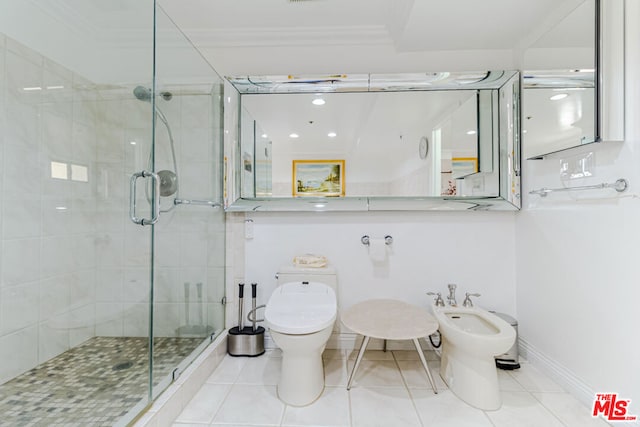 bathroom featuring a bidet, tile patterned flooring, an enclosed shower, ornamental molding, and toilet