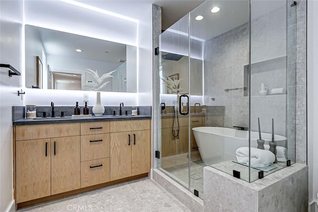 2304 Grant Ave Unit A, Redondo Beach, CA 90278 - full bath featuring double vanity, a stall shower, a freestanding bath, and recessed lighting