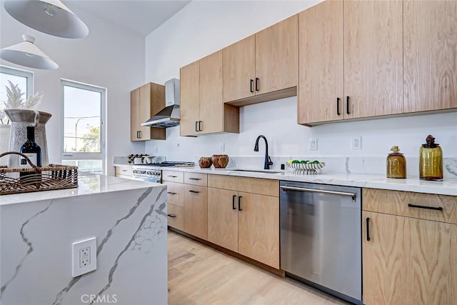 2304 Grant Ave Unit A, Redondo Beach, CA 90278 - kitchen featuring stainless steel appliances, wall chimney exhaust hood, a sink, light brown cabinetry, and light stone counters