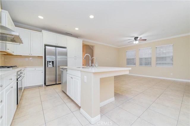 kitchen featuring a kitchen island with sink, sink, white cabinetry, and appliances with stainless steel finishes