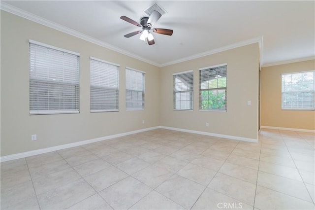 unfurnished room with light tile patterned floors, crown molding, and ceiling fan