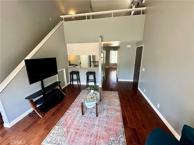 living room with a high ceiling and dark hardwood / wood-style flooring