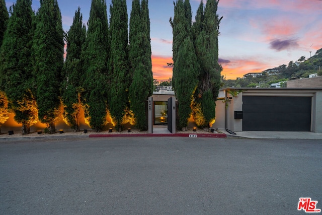 view of property hidden behind natural elements with a garage