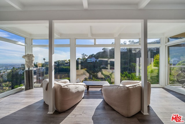 sunroom with beamed ceiling