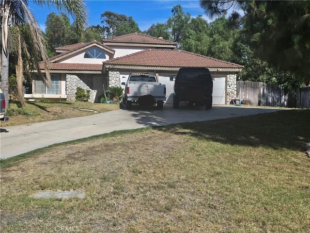 6757 Sunnyvale Dr, Riverside, CA 92505 - view of side of property featuring fence, concrete driveway, a tile roof, stone siding, and a lawn
