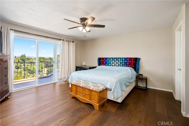 bedroom with ceiling fan, access to exterior, and dark hardwood / wood-style flooring