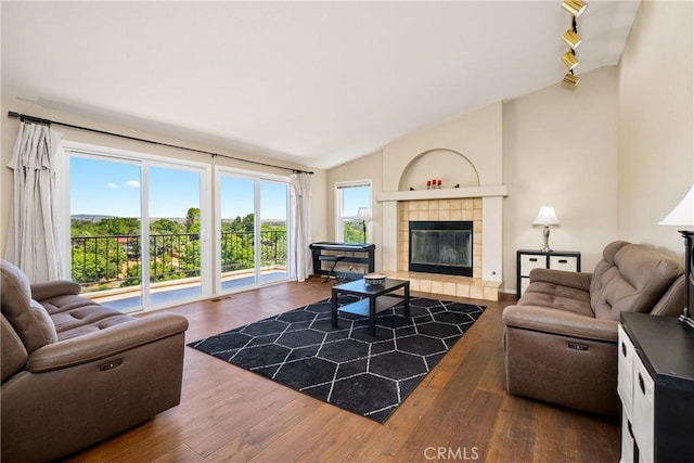 living room with dark wood-type flooring, lofted ceiling, and a tile fireplace