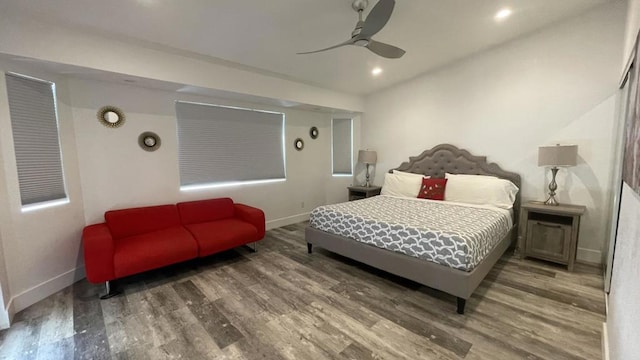 bedroom featuring wood-type flooring and ceiling fan