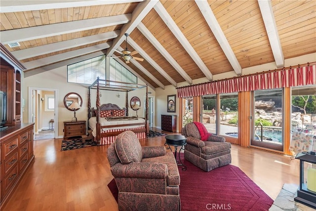 living room featuring wood ceiling, wood-type flooring, beamed ceiling, high vaulted ceiling, and ceiling fan