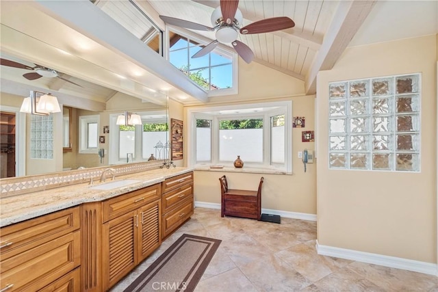 bathroom with wooden ceiling, vanity, lofted ceiling with beams, and tile patterned flooring