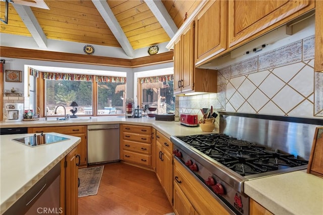 kitchen featuring dishwasher, wood ceiling, black electric stovetop, light hardwood / wood-style flooring, and stove