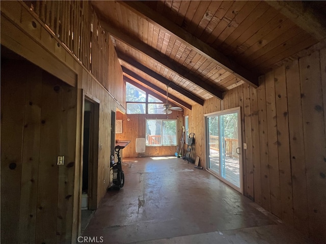 miscellaneous room featuring wood ceiling, beamed ceiling, wooden walls, high vaulted ceiling, and ceiling fan