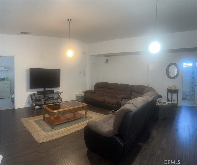 living room featuring dark wood-type flooring and washer / dryer