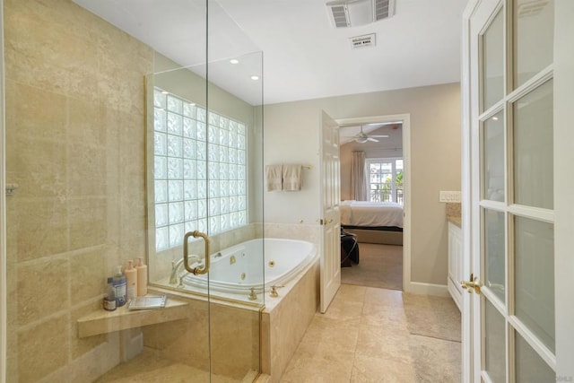 bathroom with ceiling fan, separate shower and tub, and tile patterned floors