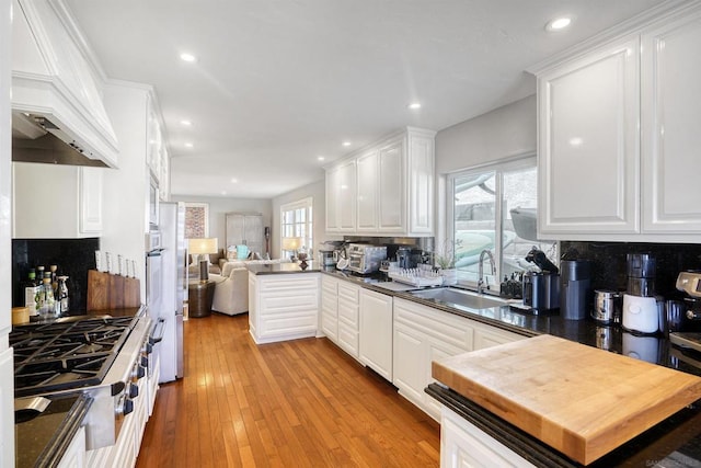 kitchen featuring premium range hood, white cabinetry, sink, and tasteful backsplash