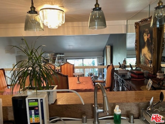 kitchen with a notable chandelier