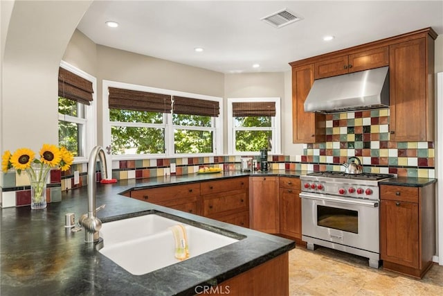 kitchen featuring decorative backsplash, sink, designer stove, and range hood