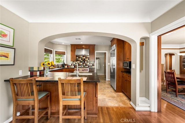 kitchen with range hood, kitchen peninsula, sink, light wood-type flooring, and stainless steel appliances