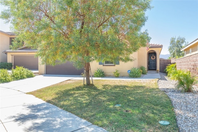 view of front of house with a front lawn and a garage