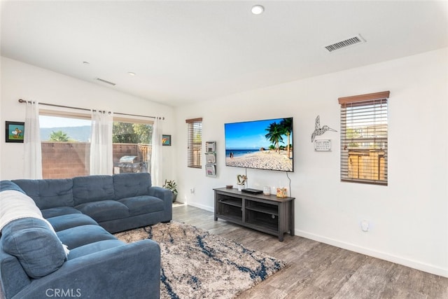 living room featuring hardwood / wood-style flooring and lofted ceiling