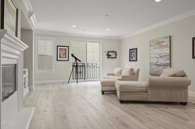 living room featuring crown molding and light hardwood / wood-style floors