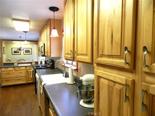 kitchen with sink, crown molding, pendant lighting, dark hardwood / wood-style flooring, and electric stove