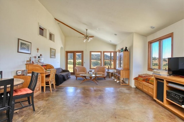 dining space featuring ceiling fan, recessed lighting, concrete flooring, and vaulted ceiling