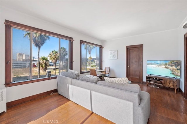 living room featuring hardwood / wood-style floors, radiator heating unit, and ornamental molding