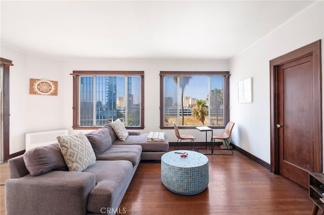 living room with dark hardwood / wood-style floors, ornamental molding, and a wealth of natural light