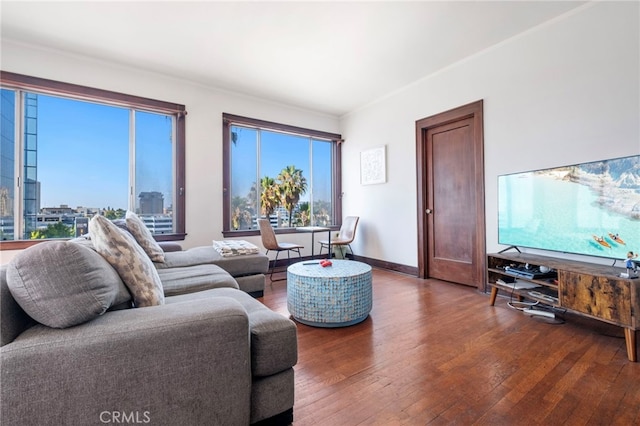 living room with hardwood / wood-style flooring and ornamental molding