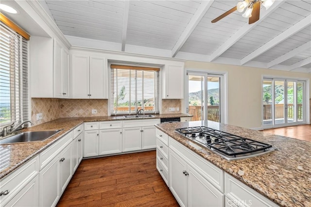 8462 Hillcroft Dr, West Hills, CA 91304 - kitchen with stainless steel gas cooktop, hardwood / wood-style flooring, backsplash, a ceiling fan, and a wood ceiling with exposed beams