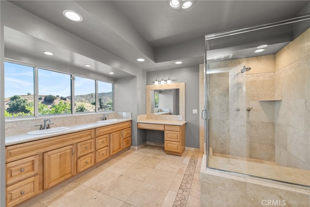 bathroom with vanity, a mountain view, tile patterned flooring, and walk in shower