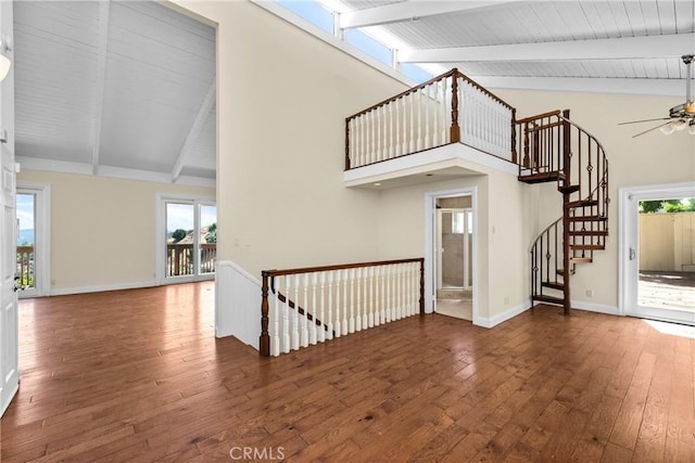 8462 Hillcroft Dr, West Hills, CA 91304 - unfurnished living room with ceiling fan, wood-type flooring, high vaulted ceiling, and a wood ceiling with exposed beams