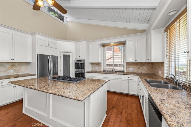 kitchen featuring sink, stainless steel appliances, backsplash, and dark hardwood / wood-style flooring