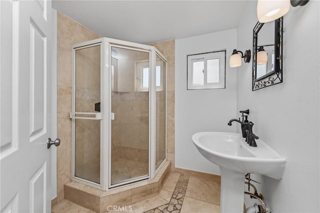 8462 Hillcroft Dr, West Hills, CA 91304 - bathroom featuring a shower stall, tile patterned flooring, and inlaid floor details