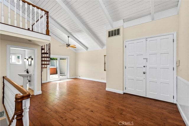 8462 Hillcroft Dr, West Hills, CA 91304 - entrance foyer featuring dark wood-style flooring, a ceiling fan, high vaulted ceiling, and a wood ceiling with exposed beams