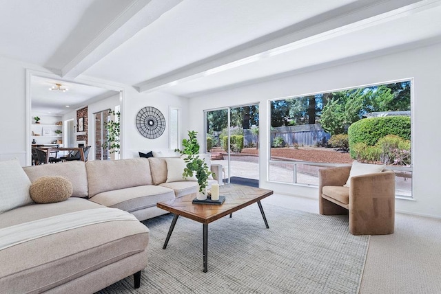 carpeted living room featuring beamed ceiling and plenty of natural light