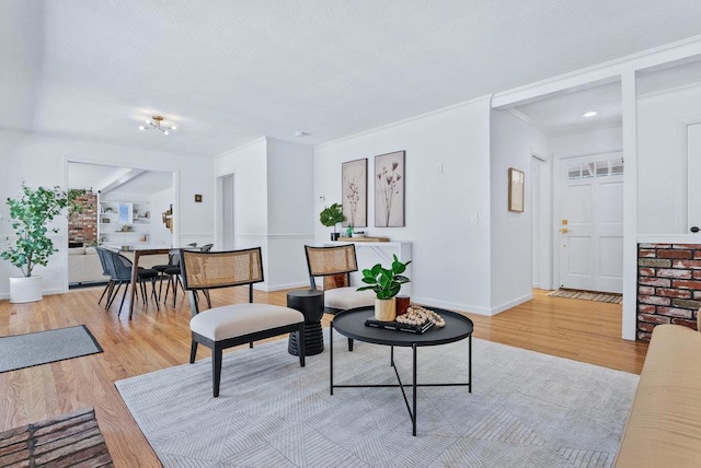 living room featuring crown molding and light hardwood / wood-style flooring