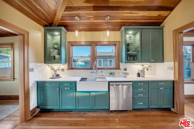 bar featuring wood ceiling, light hardwood / wood-style floors, tasteful backsplash, decorative light fixtures, and dishwasher