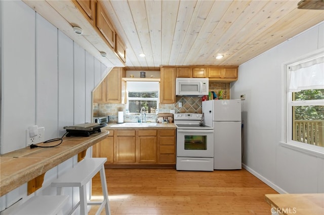 kitchen with light hardwood / wood-style floors, sink, plenty of natural light, and white appliances