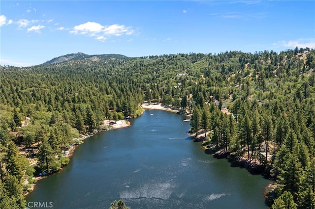 drone / aerial view featuring a water and mountain view