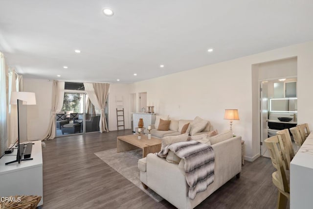 living room with dark hardwood / wood-style flooring