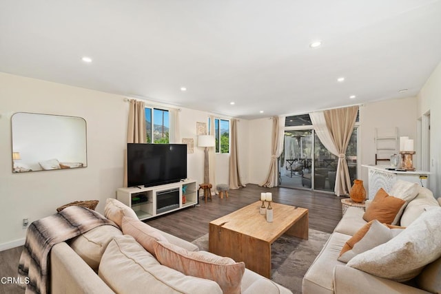 living room featuring dark wood-type flooring