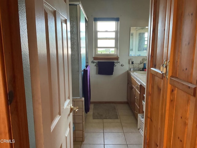 bathroom featuring tile patterned floors, vanity, and walk in shower