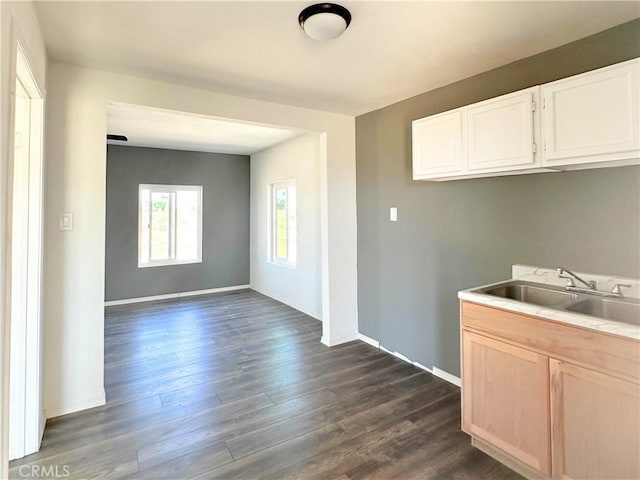 kitchen with dark wood-style floors, light countertops, a sink, and light brown cabinetry